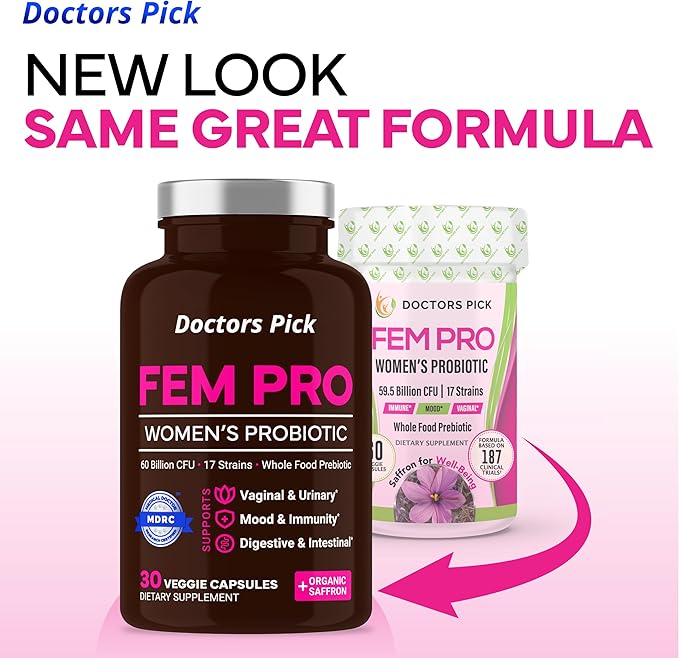 Fem Pro Probiotics for Women. 17 Clinically Effective Strains for Vaginal Digestive &amp Immune Support Urinary Tract Health pH Balance and Mood. Organic Prebiotic 30 Veggie Capsules