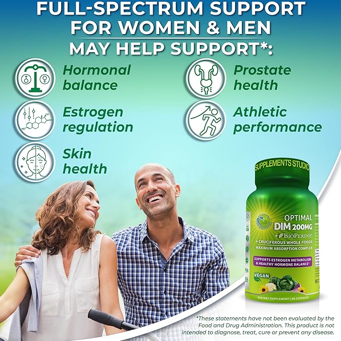 Optimal DIM 200mg Supplement for Women and Men - Made with Organic Whole Foods - Estrogen &amp Hormone Balance Support Diindolylmethane Complex - Maximum Absorption Delayed-Release Capsules - 60 Coun