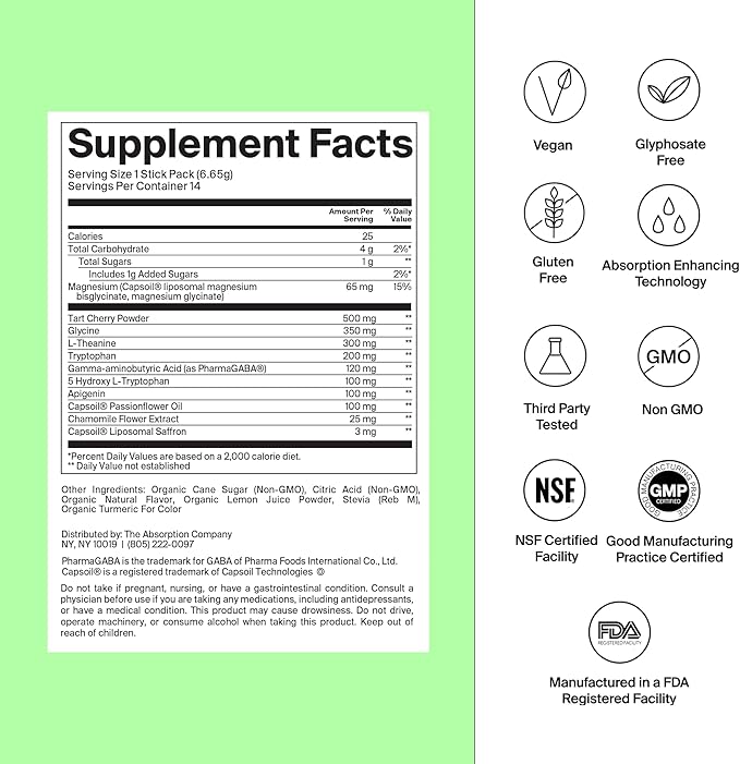 Sleep Aid Powder - Calming Drink for Deep Sleep with Liposomal Saffron Magnesium &amp PharmaGABA Melatonin-Free Natural Supplement to Reduce Stress and Improve Sleep Quality Chamomile Lemonade 14 St