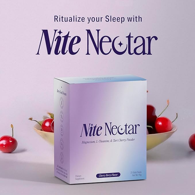 Nite Nectar Magnesium Glycinate Powder Sleep Promoting Supplement – Sleepy Mocktail Drink Mix Packets with Tart Cherry &amp L-Theanine for Calm Relaxing – Sugar &amp Melatonin Free Lab-Tested - 25