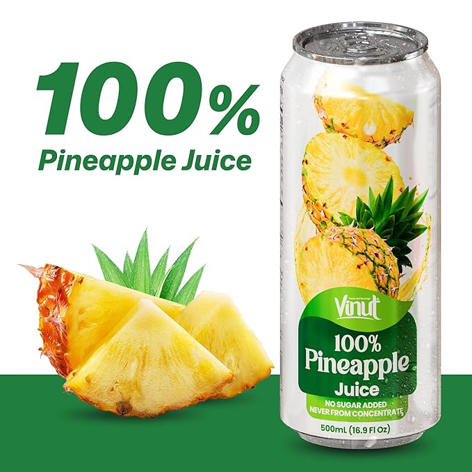 VINUT 100% Pineapple Juice No Added Sugar Not From Concentrate 16.9 fl oz (500 mL) Can Pack of 12
