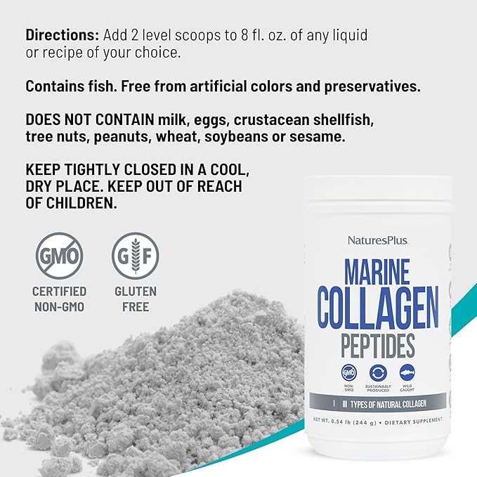 NaturesPlus Marine Collagen Peptides Unflavored - 0.54 lb - Hair Skin Nail &amp Joint Health Immune System Support - Gluten Free Non-GMO - 20 Servings
