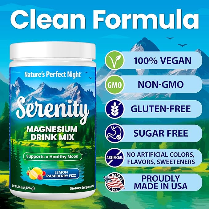 Nature's Perfect Night Melatonin 10mg Quick Dissolve Mixed Berry 180 Count with Serenity Magnesium Powder 15 oz Lemon Raspberry