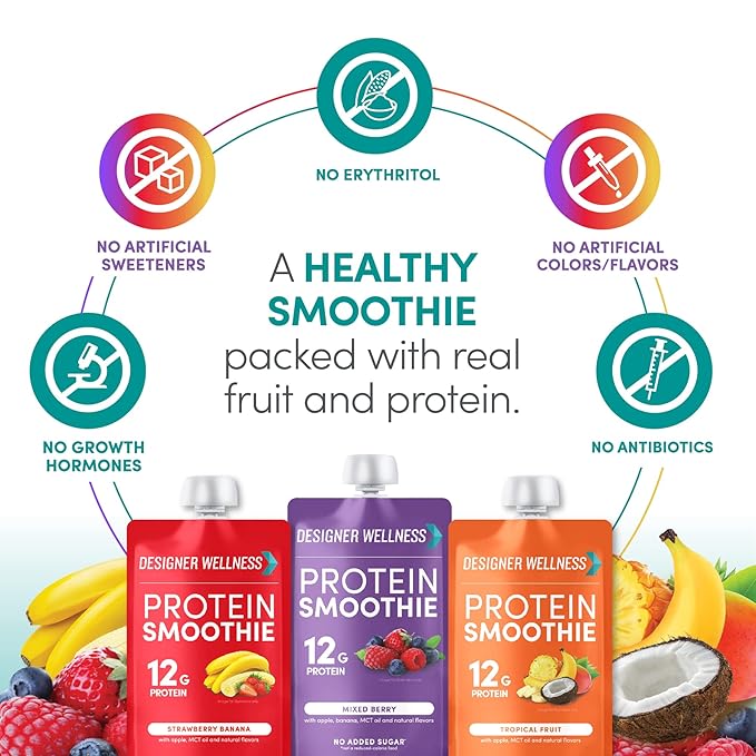 Designer Wellness Protein Smoothie Real Fruit 12g Protein Low Carb Zero Added Sugar Gluten-Free Non-GMO No Artificial Colors or Flavors Variety Pack 12 Count