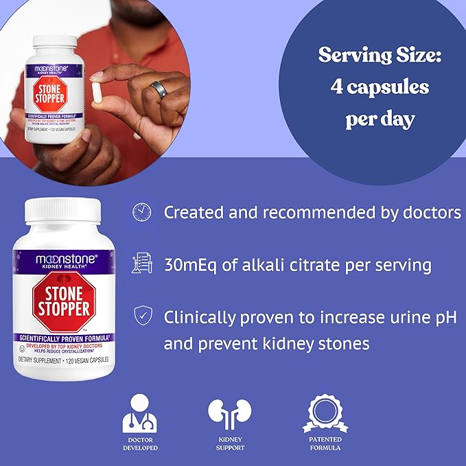 Moonstone Stone Stopper Capsules Kidney Stone Prevention Calcium Oxalate Protector Alkali Citrate Support Supplement Developed by Urologists to Support Kidney Health 6 Month Supply