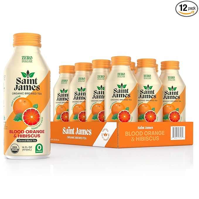 Saint James Iced Tea - Organic Black Tea - Non-GMO Gluten Free Zero Calorie Zero Sugar - Blood Orange 12 Pack (16 fl oz each)