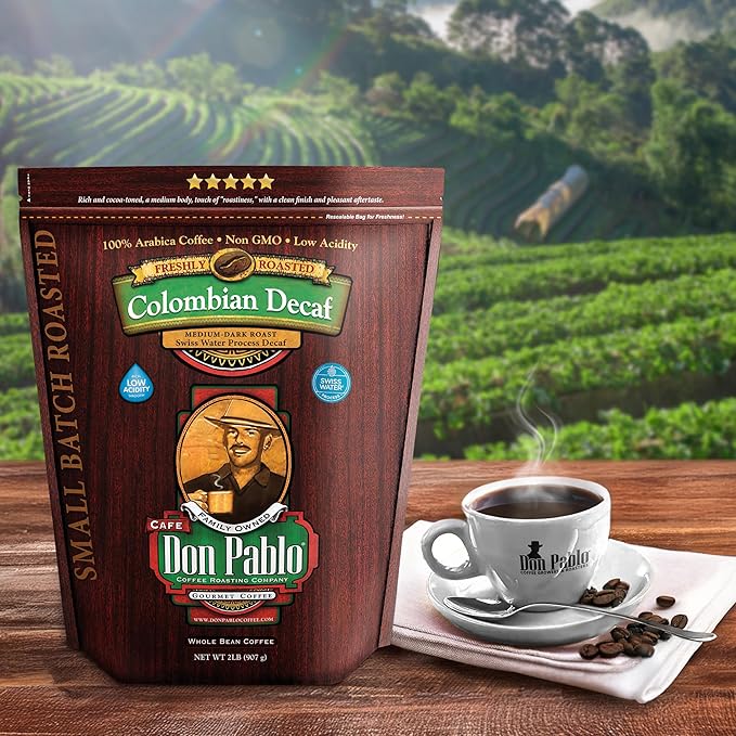 Don Pablo Colombian Decaf - Swiss Water Process Decaffeinated - Medium-Dark Roast Gourmet Coffee - 100% Arabica Whole Bean Non-GMO Low Acidity 907g (2LB) Bag