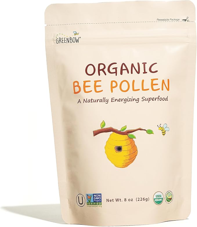 Greenbow Organic Bee Pollen - 100% USDA Certified Organic Non-GMO Halal Kosher Certified Pure &amp Natural Bee Pollen - Superfood Packed with Proteins Vitamins &amp Minerals - Gluten Free - 8oz