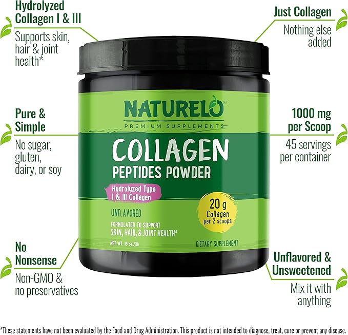 NATURELO Collagen Peptide Powder Hydrolyzed Collagen Type I &amp III Skin Hair &amp Joint Health - Unflavored 16 Ounces | 45 Servings