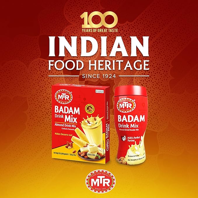 MTR Badam Drink Mix – 200g Pack of 6 Multi-purpose Drink Mix Premium Almond Drink Mix made with select quality Almonds Saffron &amp Cardamom Authentic Indian Flavor Quick &amp Easy to Prepare