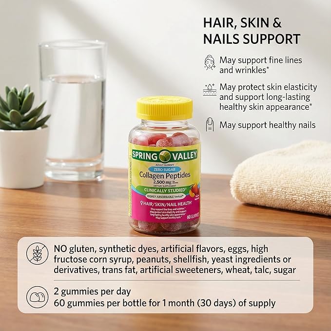 Collagen Women Zero Sugar 60 Gummies - Collagen Peptides 2500mg Protein Gummies for Women Collagen Gummies for Skin and Hair (Pack of 1)