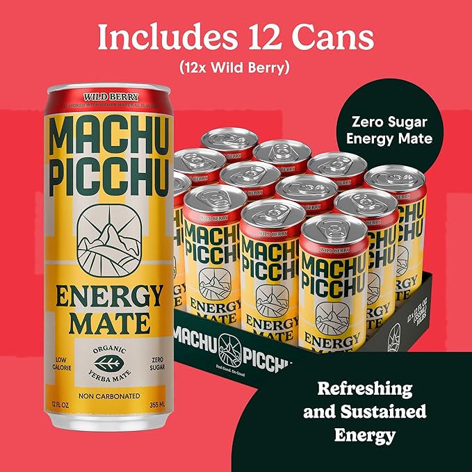 MACHU PICCHU Zero Sugar Energy Mate Drink – Non-Carbonated Yerba Mate 120mg Organic Caffeine Smooth Focus Without Jitters or Crash Low Calorie USDA Organic 12oz Cans (12-Pack-“Wild Berry”)