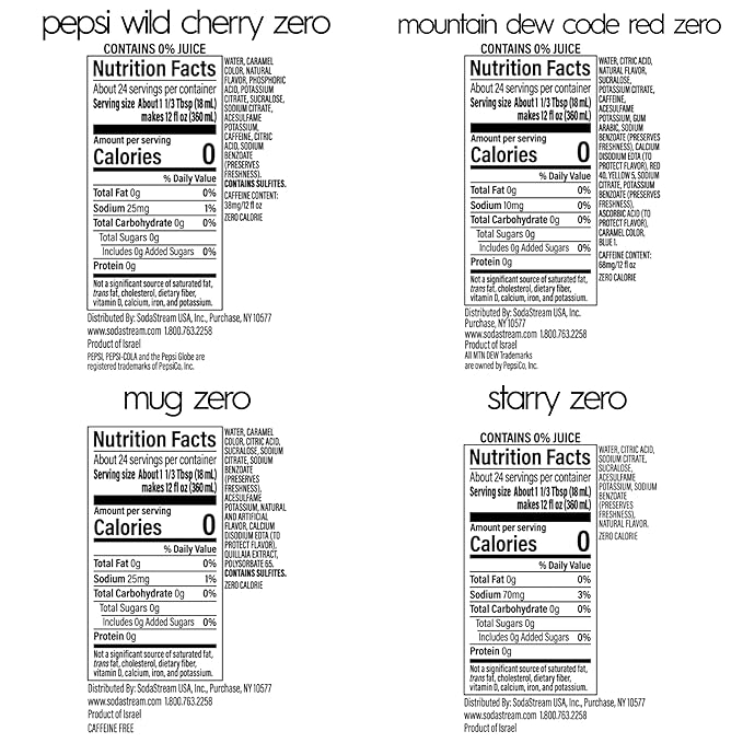 SodaStream Pepsi Wild Cherry MTN Dew Code Red Starry &amp Mug Root Variety Pack Zero Sugar 440ml Pack of 4