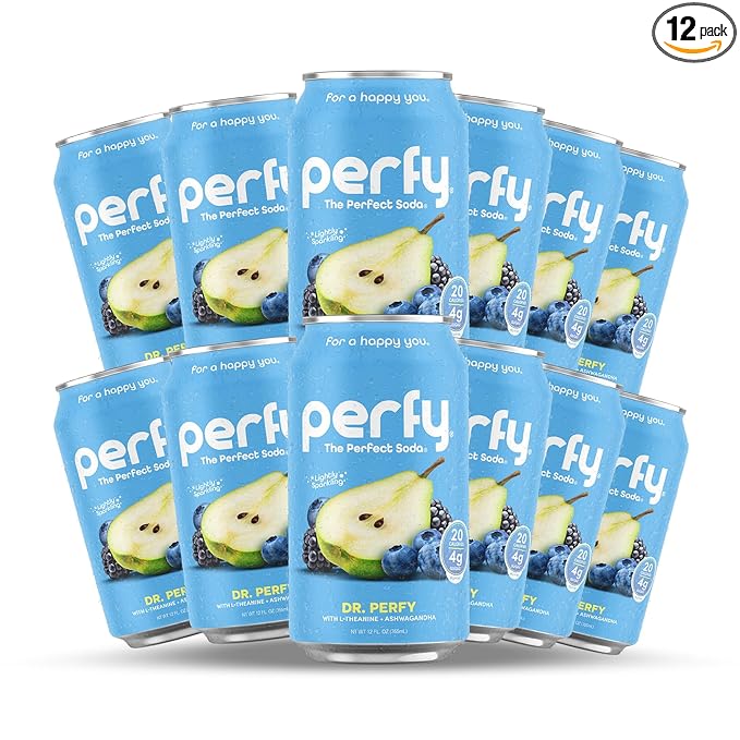PERFY Caffeine Free Dr. Perfy Soda | Made With Real Fruit Juice - Low Sugar Nootropic Drink with L-Theanine + Ashwagandha | Calming Adaptogen Mocktail | Keto + GLP-1 Friendly | Sweetened with Stevia &