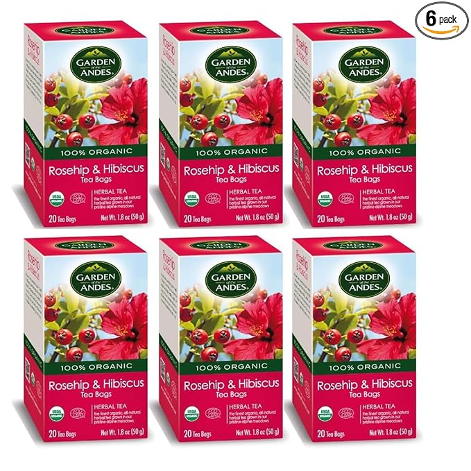 Garden of the Andes - Organic Rosehip &amp Hibiscus Tea - 6 Pack (20 Tea Bags/Box 120 Total) - Caffeine-Free Double-Chamber Glue-Free Tea Bags - Natural Vitamin C and Antioxidants