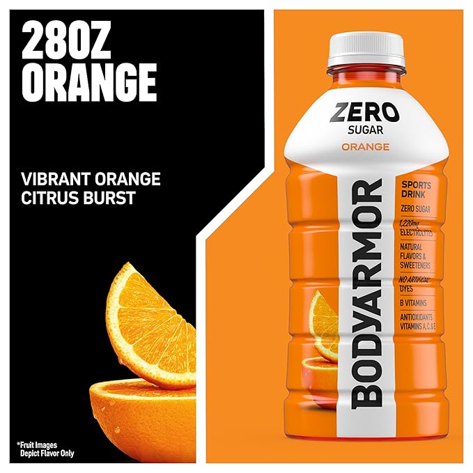 BODYARMOR ZERO Sugar Orange Electrolyte Drink Natural Flavors 28 Fl Oz Bottles (15 Pack) B Vitamins &amp Antioxidants Sugar Free Hydration
