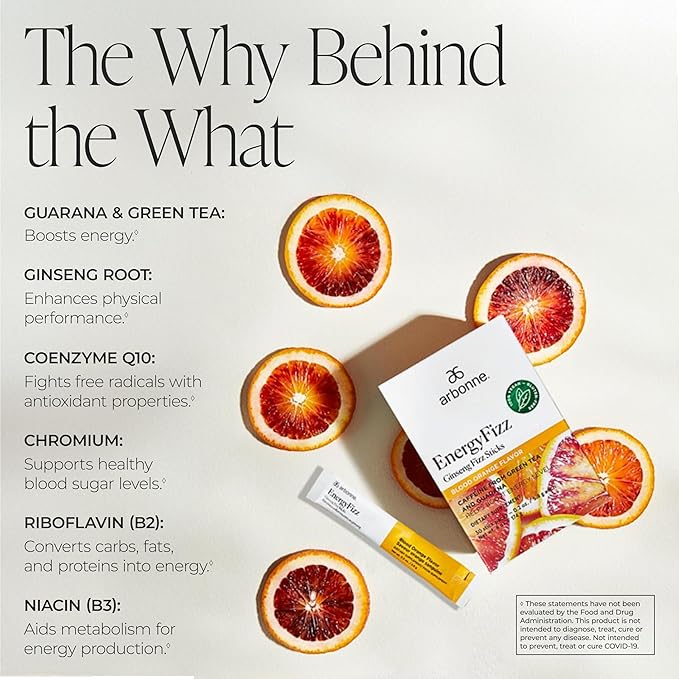Arbonne Ginseng Energy Supplements - Blood Orange Flavor Fizz Sticks Energy Boost with Caffeine Powder from Guarana and Green Tea Delicious Alternative to Caffeine Pills