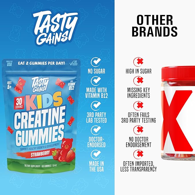 TASTY GAINS Kids Creatine Gummies with Vitamin B12 for Growth Support Kids Vitamin Gummies for Daily Nutrition Support Gummy Vitamins for Kids Easy Chew Supplement for Children