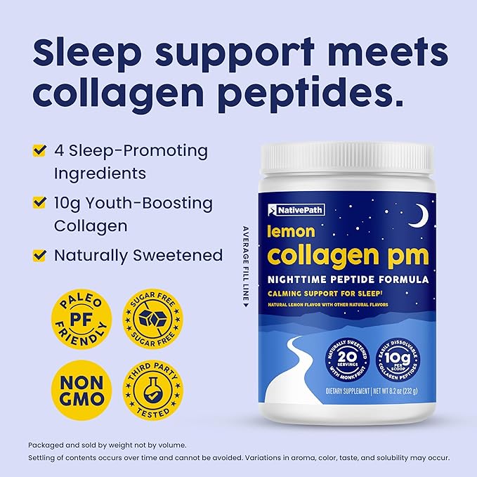 NativePath Collagen PM Sleep Powder Lemon - Melatonin Magnesium GABA &amp L-Theanine with 10g Grass-Fed Collagen - 20 Servings Nighttime Recovery Drink