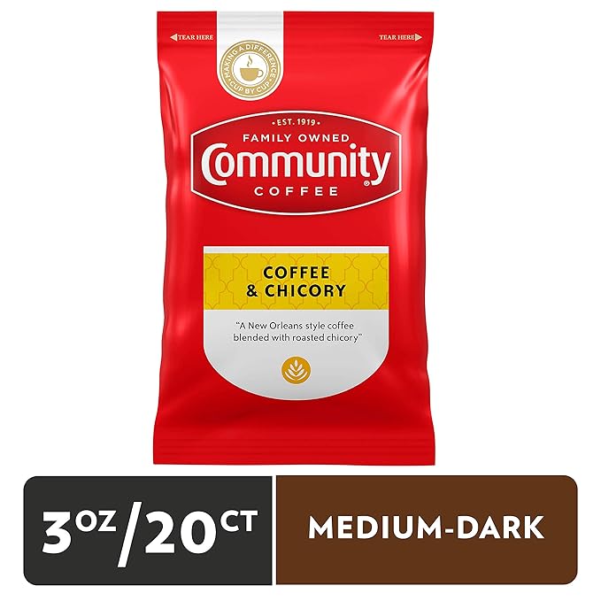 Community Coffee &amp Chicory Medium Dark Roast Pre-Measured Coffee Packs 3.0 Ounce Bag (Box of 20)