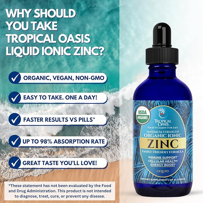 USDA Organic Ionic Zinc Droppers for Men Women &amp Kids | Liquid Zinc Supplement Trace Mineral Formula | Immune Function | Skin Health | 98% Absorption | Sugar-Free Vegan Non-GMO | 4 Fl Oz