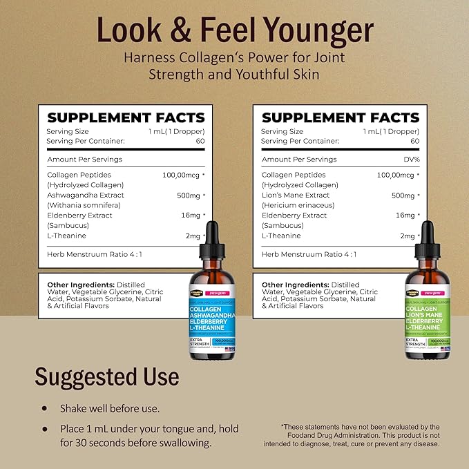 Collagen Mojo - Liquid Collagen Peptides for Women &amp Men with Lion's Mane Mushroom Elderberry &amp L-Theanine and Ashwagandha Elderberry &amp L-Theanine - for Hair Skin Nails Join Support -