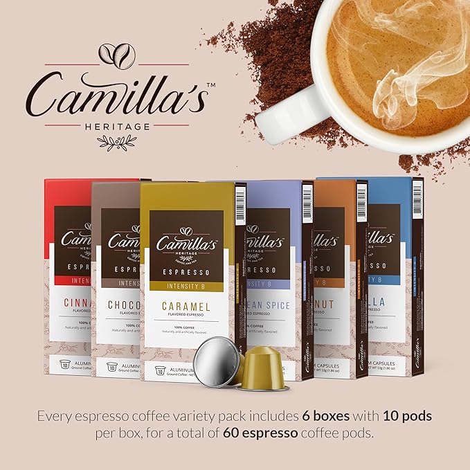 Camilla’s Heritage - Intensity 8 Flavored Espresso Coffee Variety Pack (Caribbean Spice Cinnamon Hazelnut Chocolate Caramel &amp Vanilla Espresso Cups) 60 Coffee Pods