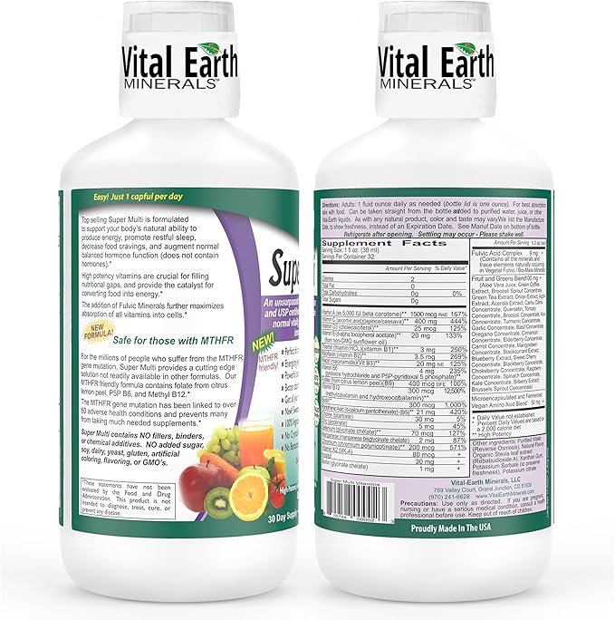 Vital Earth Minerals Super Multi – Liquid Multivitamins for Women Men &amp Kids Liquid Vitamins with Fulvic Acid for Better Absorption MTHFR Support 32 Oz + 1 Oz Cup