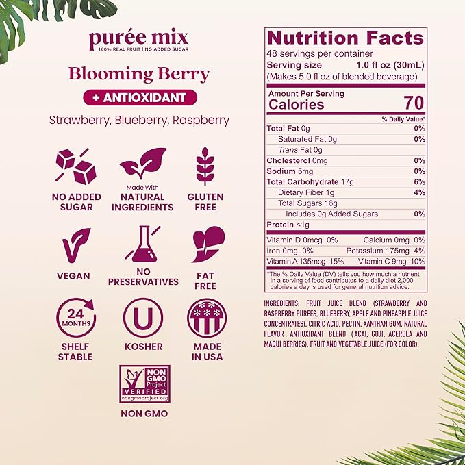 Smartfruit Blooming Berry + Antioxidants – 100% Real Fruit Purée with Strawberries Blueberries Raspberries – Great for Smoothies Juice Yogurt Cocktails Teas &amp More – High in Vitamin A &amp