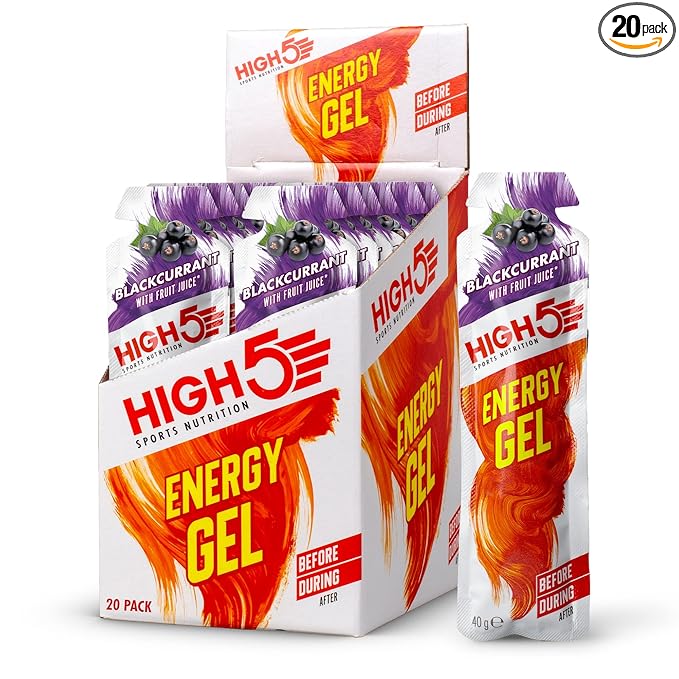 HIGH5 Energy Gels - Quick Release Sports Gels to Power Muscles for Top Performance - Natural Fruit Juice &amp Caffeine-Free - On The Go Energy Boost for Running Cycling and More (Blackcurrant 20 x
