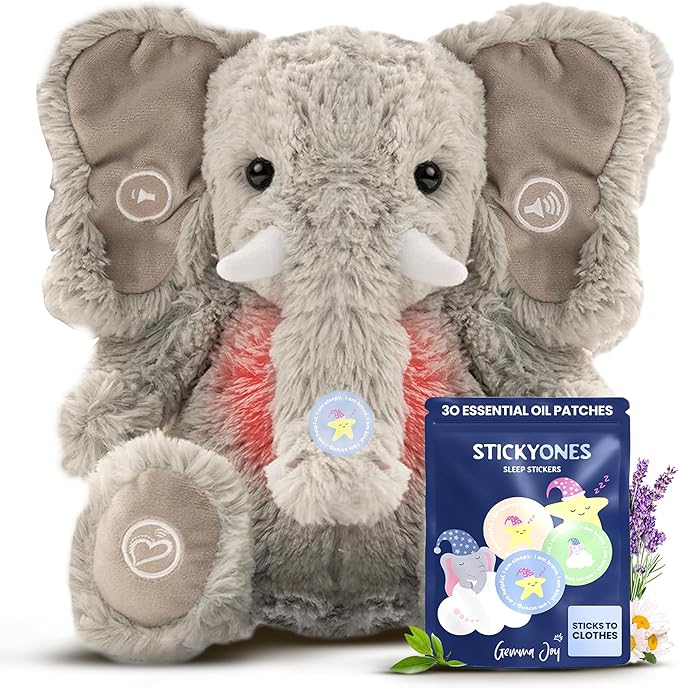 Gemma Joy Bedtime Baby Soothers &amp StickyOnes Sleep Patches - Cry Activated Heartbeat Elephant Plush Toy Stuffed Animal with Calming Light &amp All-Natural No Melatonin Bedtime Patches for Kids
