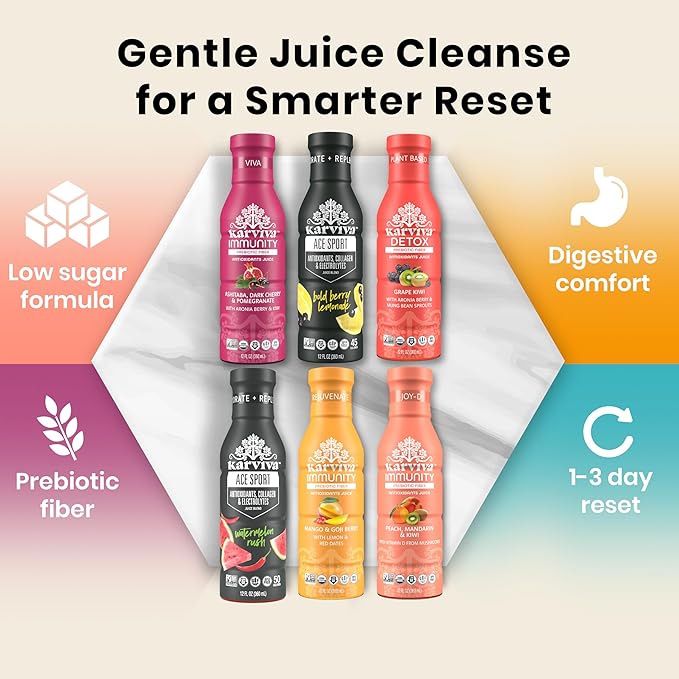 Karviva Organic Juice Cleanse for Glowing Skin Digestive Support &amp Craving Control with Sprouts Herbs &amp Marine Collagen – Low Sugar Prebiotic Fiber Antioxidants &amp Vitamins – 6 BPA-Free
