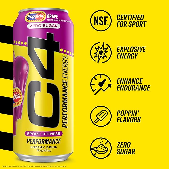 Cellucor C4 Energy Drink x Grape Popsicle Carbonated Sugar Free Pre Workout Performance Drink with no Artificial Colors or Dyes 16 Oz Pack of 12 | Carbonated Pre Workout Performance Drink no Art