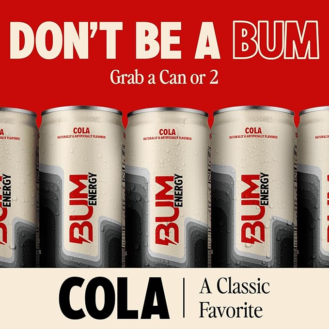 BUM Sugar-Free Energy Drink Cola - Lightly Carbonated &amp No Artificial Colors Natural Caffeine &amp Citicoline for Energy &amp Focus Brain Boost &amp Workout Sports Beverage - 12 oz Pack of