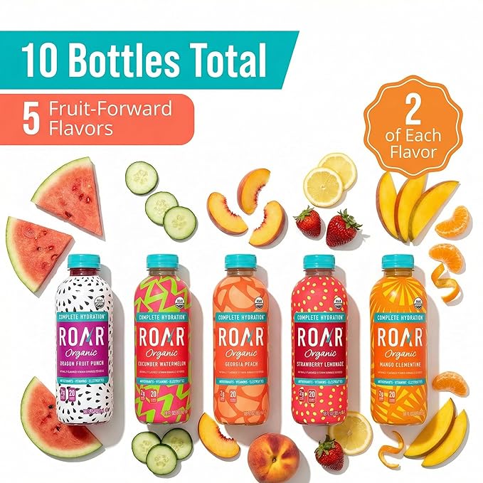 Roar Organic Beverages Variety Pack 10-Pack (18oz Bottles) – Strawberry Lemonade Dragon Fruit Punch Mango Clementine Blackberry Lemonade &amp Georgia Peach – Refreshing Organic Drink