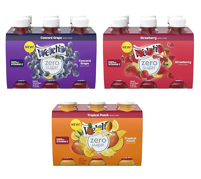 Welch$ Zero Sugar Drink Variety Mix 3 Pack - 6 Concord Grape 6 Strawberry 6 Tropical Punch / 18 units total