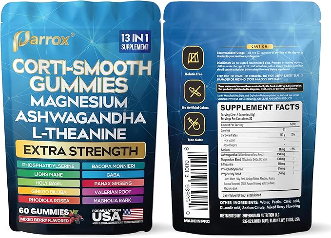 Corti-Smooth Cortisol Support Gummies with Magnesium L-Theanine Ashwagandha Phosphatidylserine Bacopa Monnieri Lions Mane Ginkgo Biloba Valerian Root (Mixed Berry Flavor - 3 Pack)