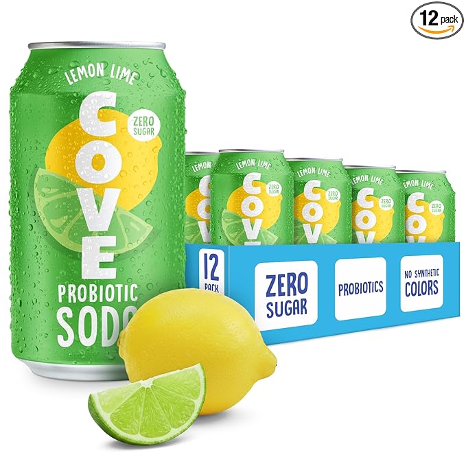 Cove Probiotic Soda Soft Drinks with Zero Sugar – Refreshing Functional Soda Alternative with Probiotics &amp Vitamin C – Naturally Flavored Caffeine-Free Sparkling Beverage - Lemon Lime 12 Pack