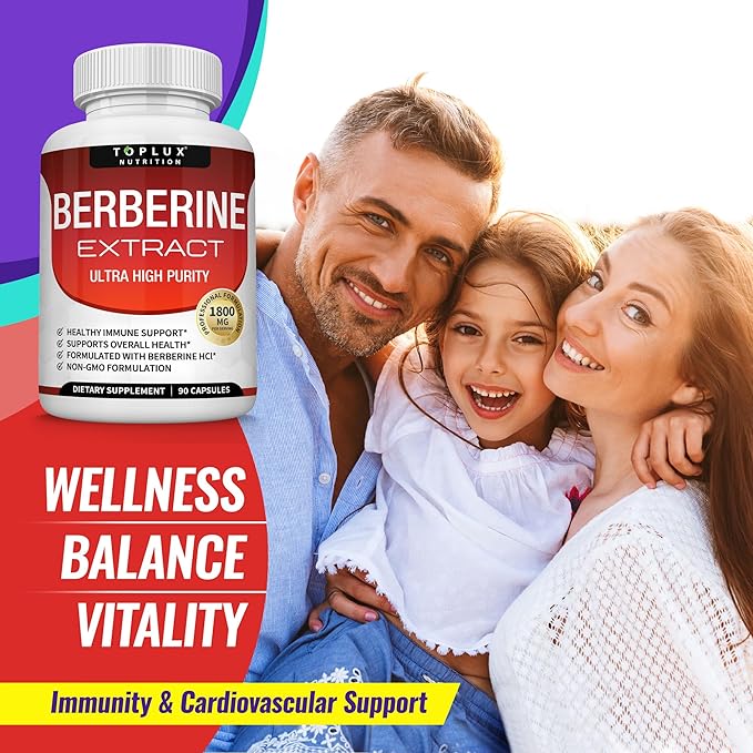 Toplux Berberine Supplement 1800mg - Berberine HCL 97% Tested Ultra High Purity Premium Berberine Extract to Support Overall Health High Potency Berberine Plus Non-GMO Vegan Men Women 90 Capsules