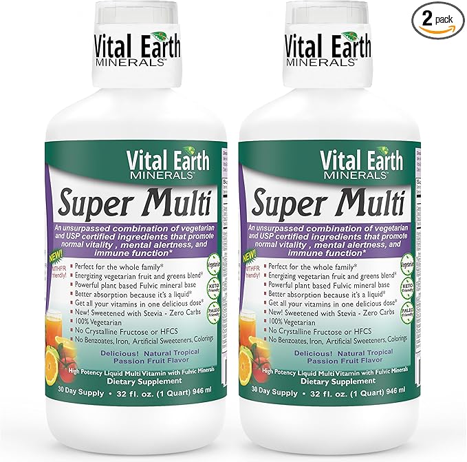 Vital Earth Minerals Super Multi 2-Pack – Liquid Multivitamins for Women Men &amp Kids Liquid Vitamins with Fulvic Acid for Better Absorption MTHFR Support 32 Oz Ea + 1 Oz Cup
