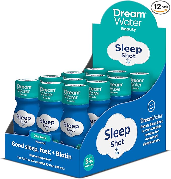 Dream Water Beauty Sleep Aid Drink Supplement Melatonin 5mg GABA 5-HTP Plus Biotin for Healthy Skin Hair and Nails 2.5 oz Liquid Sleep Shots Zen Tonic 12-Count