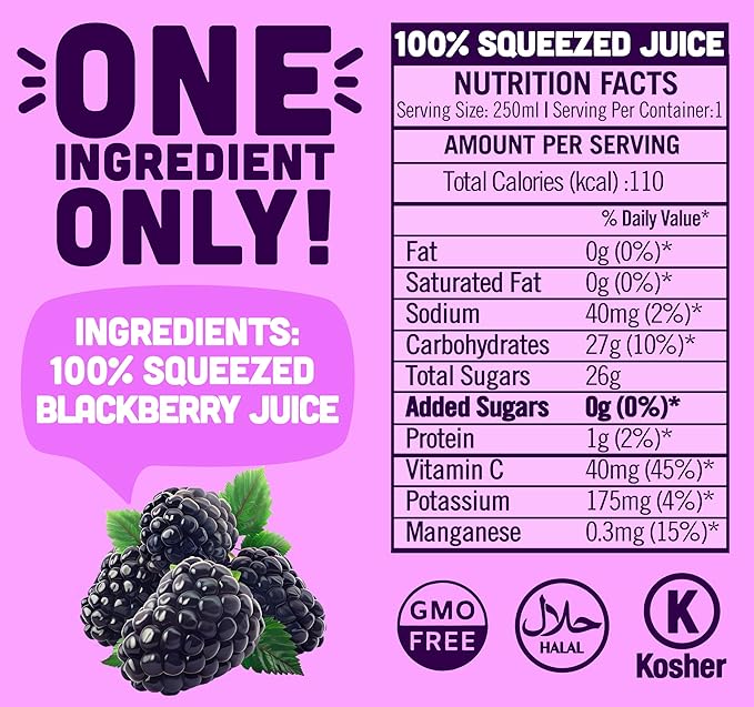 NILO Blackberry Juice | 100% Squeezed Blackberry Mora | NO Sugar added | NON GMO | NOT From Concentrate | 8.45 oz (Pack of 12)