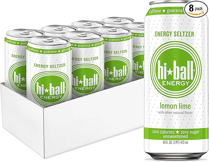 Hiball Clean Energy Drink - Lemon Lime - Zero Sugar Zero Calorie Sparkling Water with 160mg Organic Caffeine 50mg Organic Ginseng 50mg Organic Guarana - 16 fl oz (8-Pack)