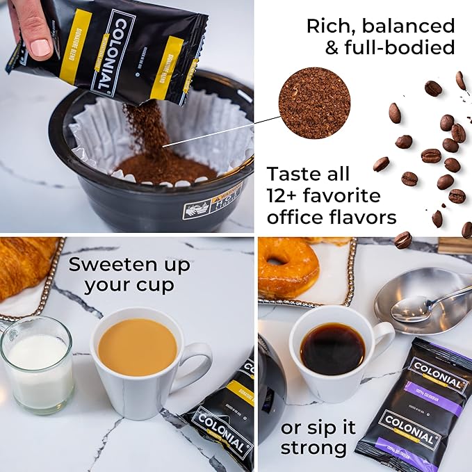 Colonial Coffee Packets Pre Ground Coffee Packs High Caffeine Blend Medium - Dark Roast Bulk Single Pot Bags for Drip Coffee Makers (2.5 oz Bags Pack of 100)