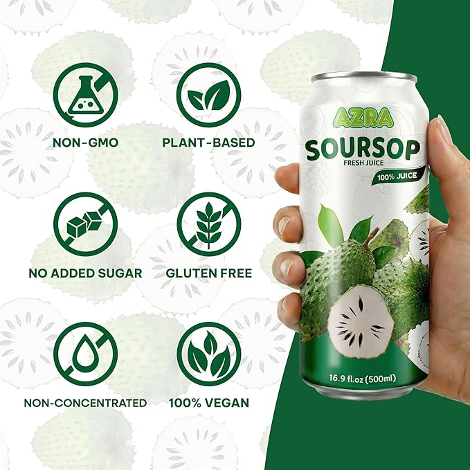 AZRA 100% Soursop Juice – 500ml Cans Exotic Fruit Juice Beverages – Zero Sugar Drinks Healthy Soursop Drink for Kids and Adults – Bulk 100% Juice Pack 12 Count