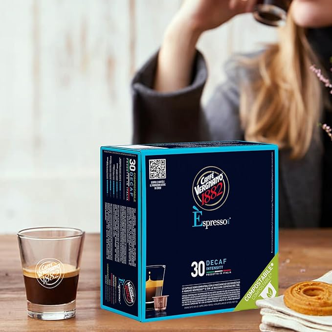 Caffe' Vergnano 1882 Decaf Medium Roast Espresso Original Line Machine Compatible Capsules Arabica Robusta Espresso Coffee Italian Coffee for Nespresso Machines Intensity 5/10 Decaffeinato 30 Ct
