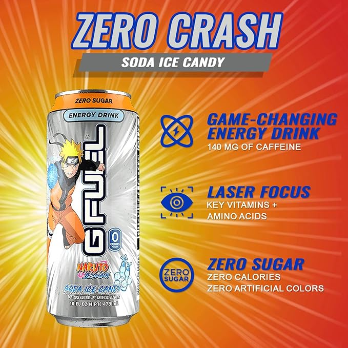 G Fuel Energy Drink Lemon Lime Slushie Sugar Free Beverage with 140mg Caffeine Daily Energy Boost with Focus Amino Vitamin + Antioxidants 16 oz Cans (Naruto Shippuden 12-Pack)