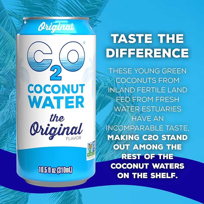 C2O - Coconut Water The Original Flavor (24 Pack 3 Boxes of 8) - Made with Fresh Coconut Water - Plant Based Non GMO Canned Water - Natural Hydration Electrolytes &amp Potassium - 24 Cans 10.5 F