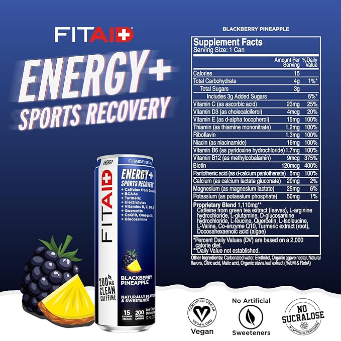 FITAID ENERGY 200mg Natural Caffeine Keto Blackberry Pineapple Omega-3s 15 calories Paleo Vegan &amp Gluten-Free No Artificial Sweeteners 12-oz. cans (Pack of 12)