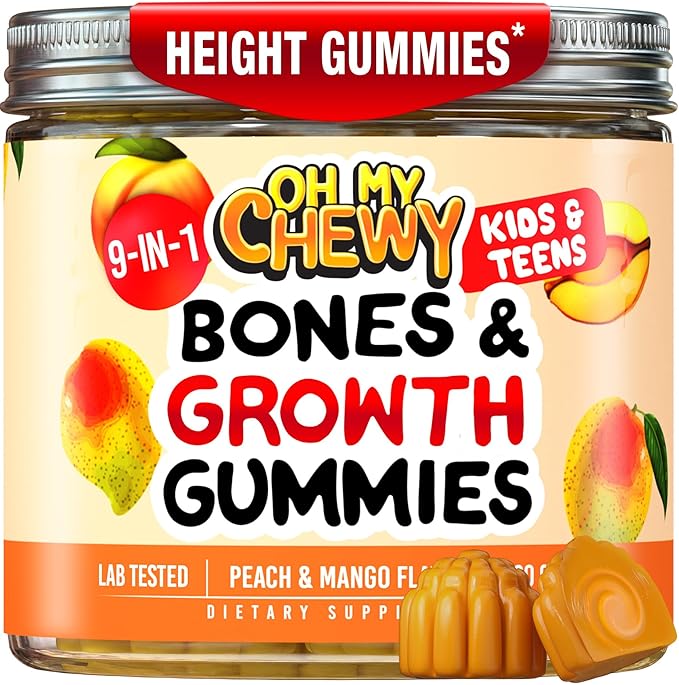 Height Growth Vitamin Gummies for Kids &amp Teens - Growing Up and Bones Support for Supplement with Calcium Zinc Vitamin D3 K2 Spirulina and Astragalus – Peach &amp Mango 60 CT